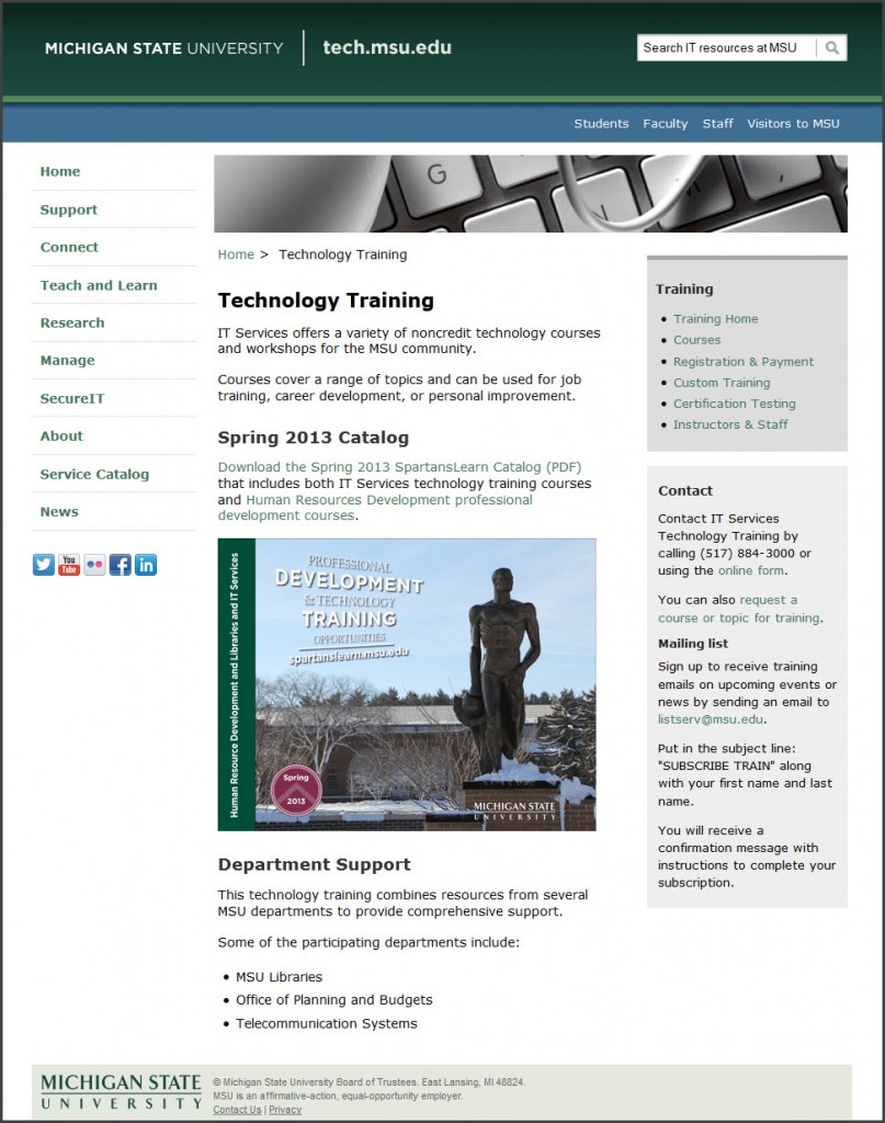 Screen capture of tech.msu.edu/training