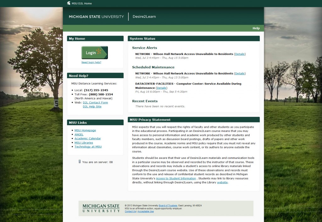 Screen capture of MSU Desire2Learn website