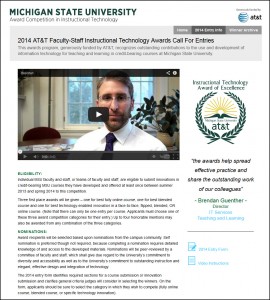 Screen capture of the 2014 AT&T Faculty-Staff Instructional Technology Awards entry page at http://attawards.msu.edu/how-to-enter/.