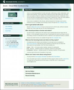 Screen capture of the Zoom web conferencing platform at https://msu.zoom.us.