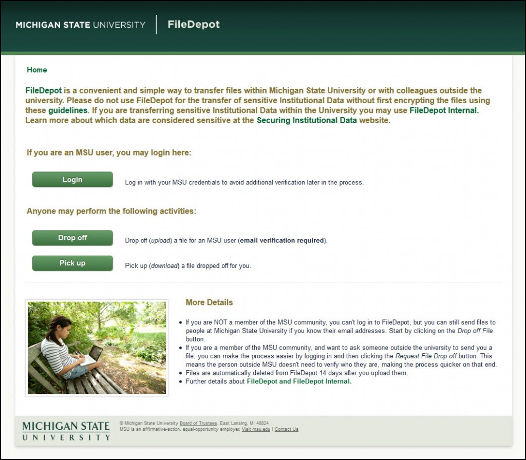 Screen capture of the MSU FileDepot website.