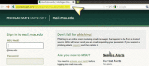 Screen capture of a phishing site posing as the mail.msu.edu site