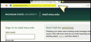 Screen capture of a phishing site posing as the mail.msu.edu site