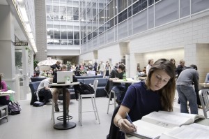 Students studying in the MSU Biomedical and Physical Science atrium.