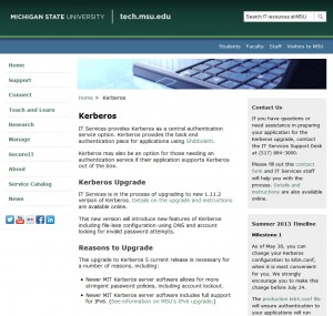 Screen capture of Kerberos page on tech.msu.edu