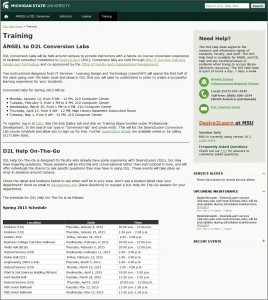 Screen capture of the MSU D2L Help site Training page at help.d2l.msu.edu/training.