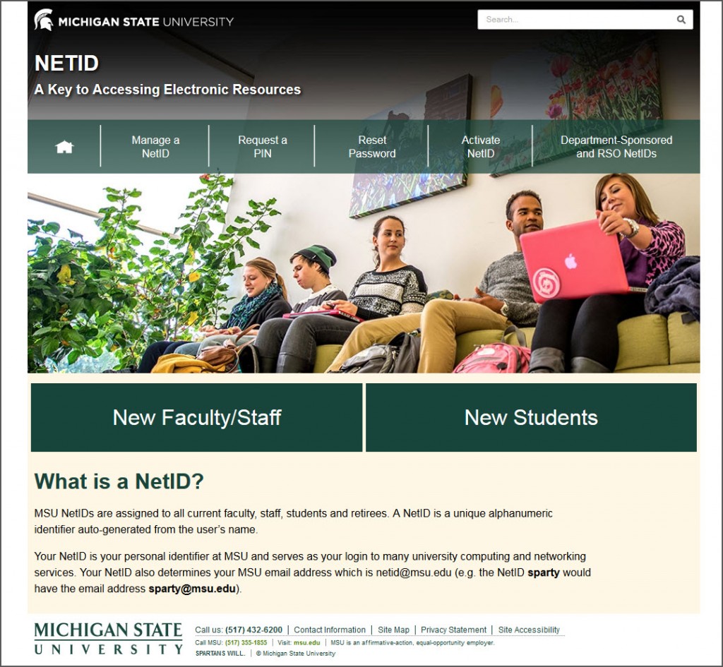 A screen capture of the redesigned MSU NetID site at netid.msu.edu.