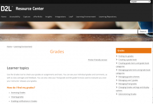 Screenshot of the D2L Grades Resource Center