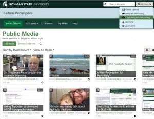 Screen capture of the MediaSpace site at mediaspace.msu.edu and the Add New menu witht he CaptureSpace Recording item to choose for the lecture capture tool.