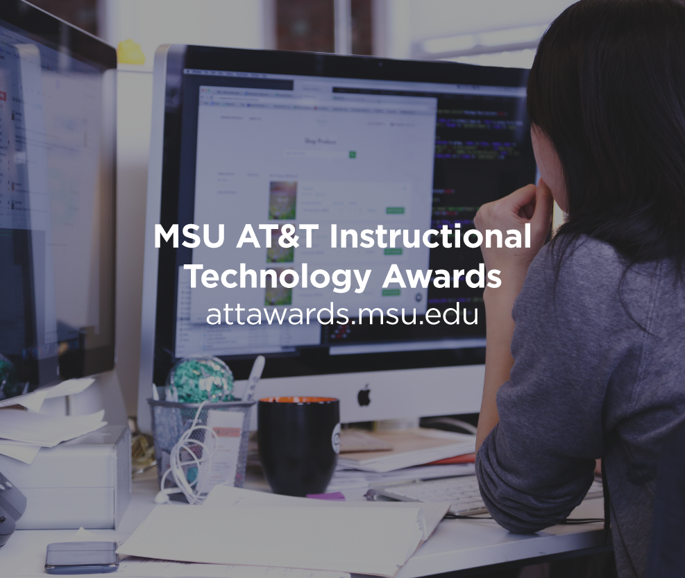 Woman at a computer. Image promote the MSU AT&T Instructional Technology Awards. More details at attawards.msu.edu.