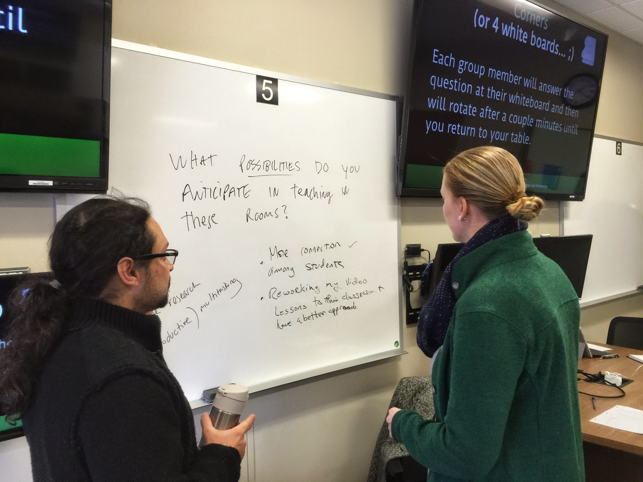 Two Instructors talking in front of a white board during an MSU Real Academy workshop