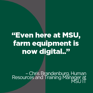 A quote from Chris Brandenburg about technology in farm equipment.