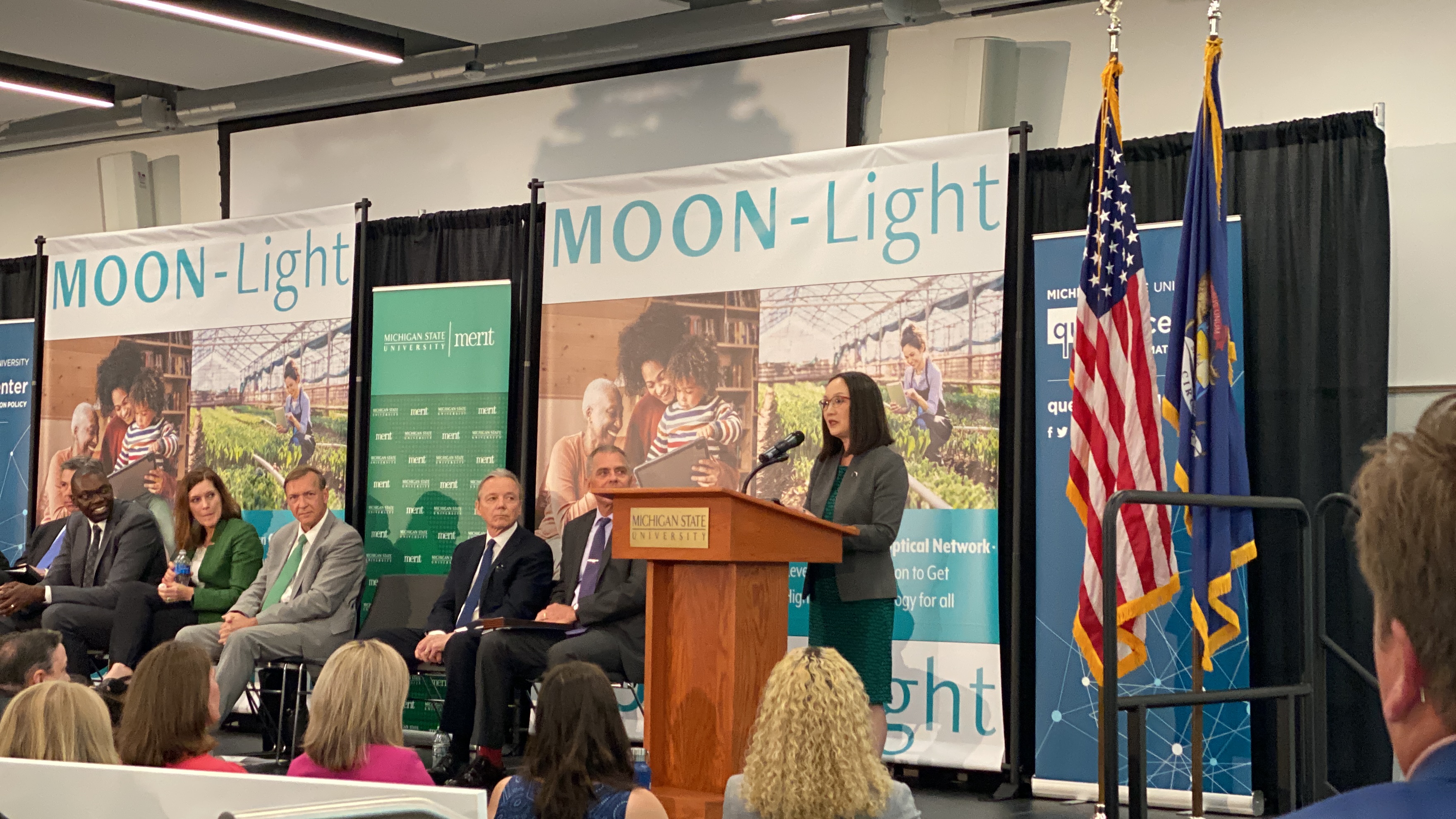 Melissa Woo speaks during the kick of the MOON-Light Project