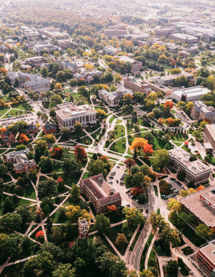 Aerial view of MSU's campus in the fall